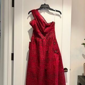 Self-Portrait one shoulder cut out midi dress raspberry red